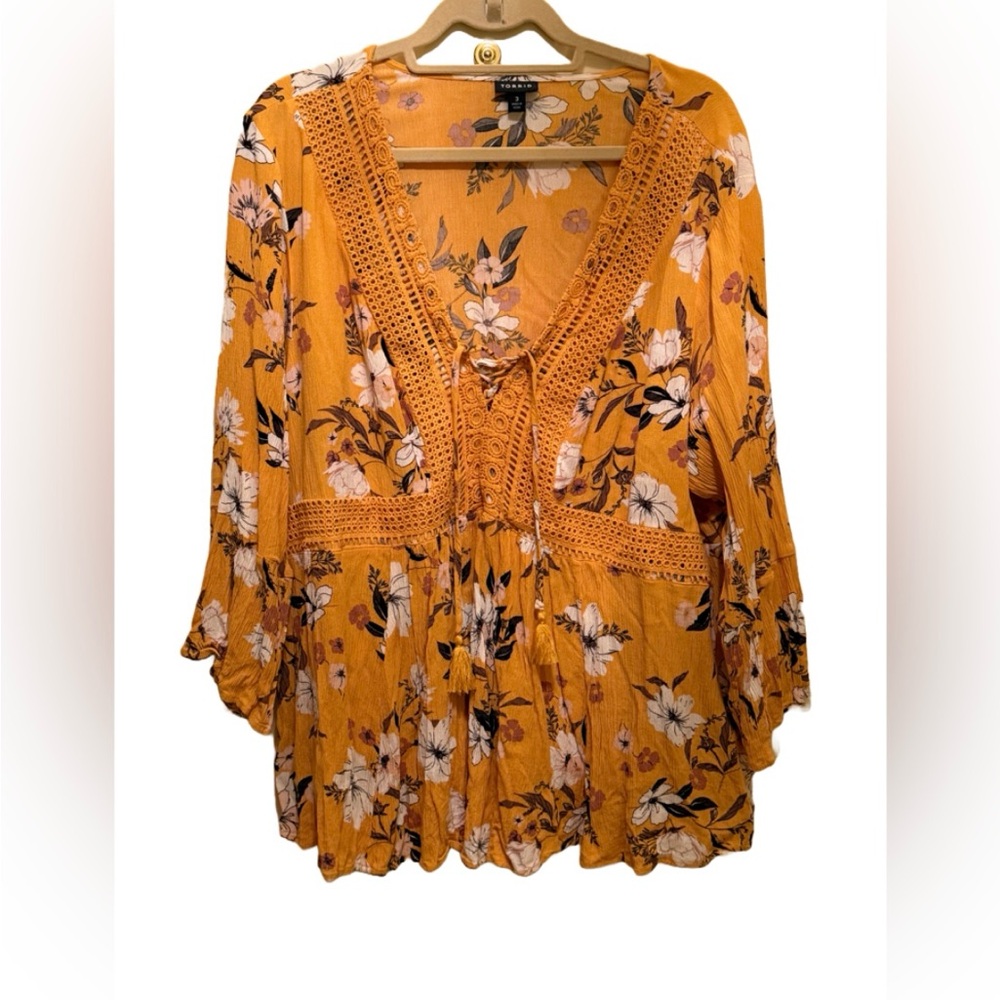 Floral Decorative Trimmed Long Sleeve Blouse in Mustard